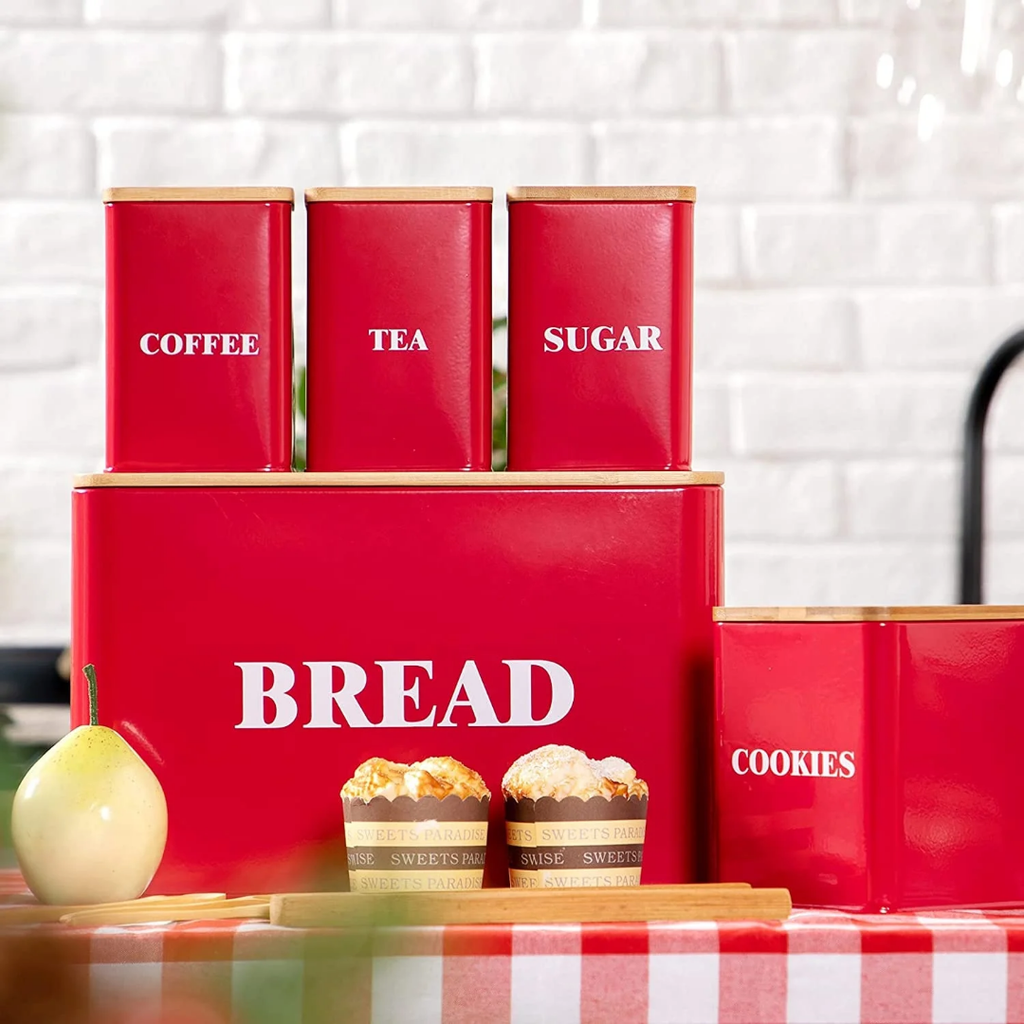 4 piece Wood Design Breadbin and cannister Set- Red